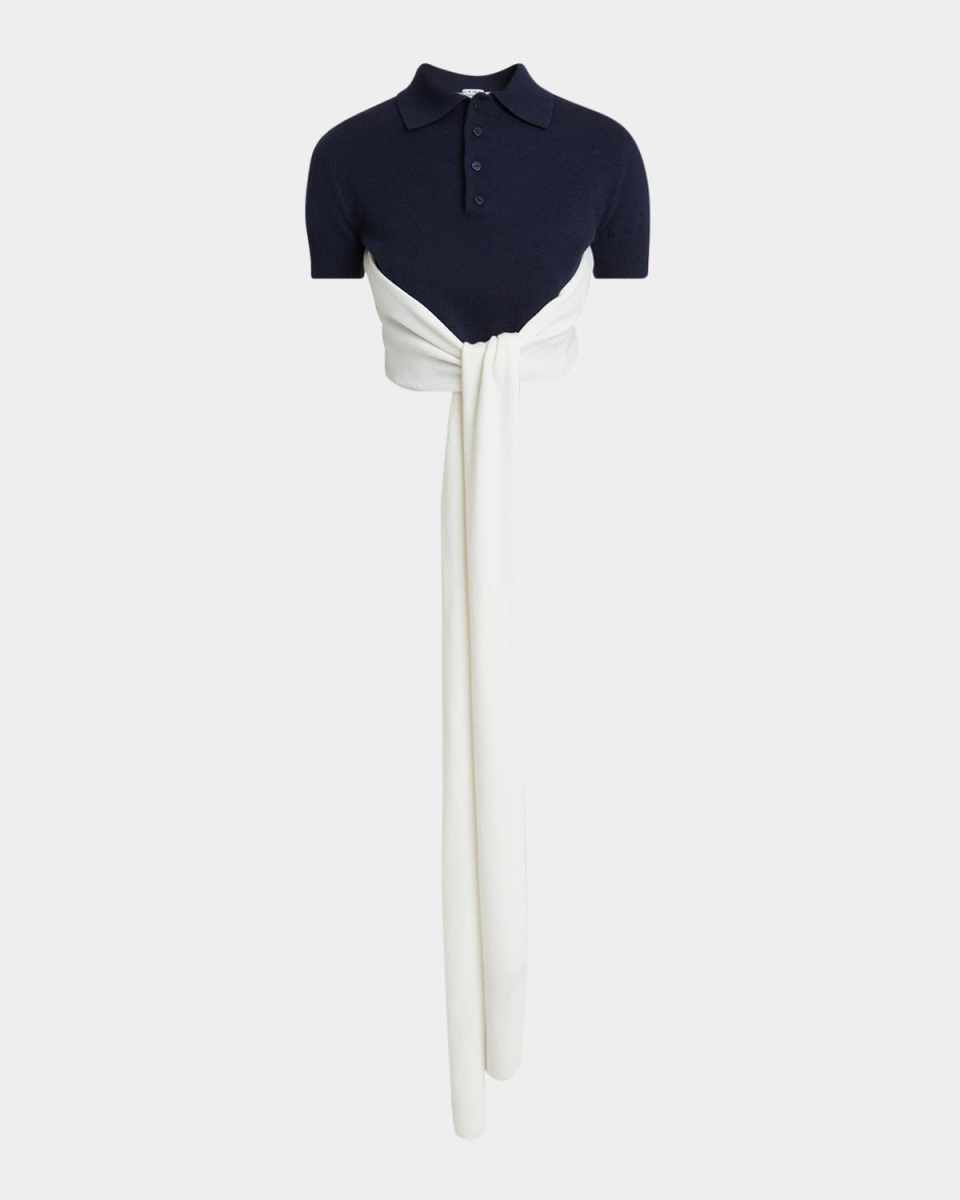 Colorblock Cropped Backless Wool Cashmere Polo Sweater with Self-Tie